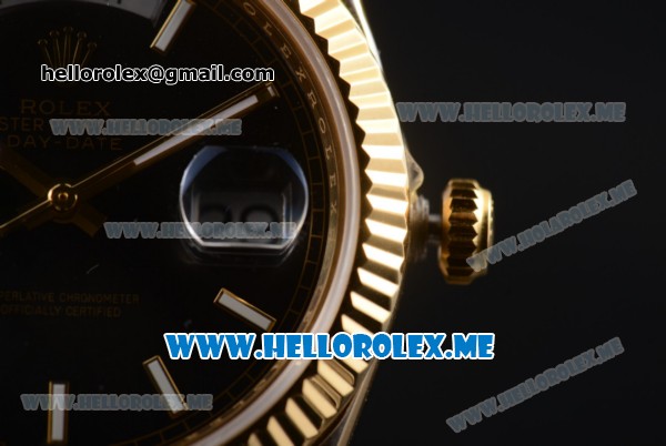 Rolex Day-Date Clone Rolex 3255 Automatic Yellow Gold Case/Bracelet with Black Dial and Stick Markers - Click Image to Close